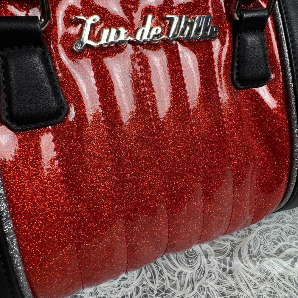 Lux de Ville Red Glitter Sparkle Black Kiss Lock Handbag Retro Rockabilly Vegas